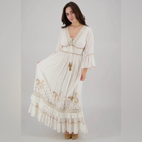 Dresses & Skirts - Cream Boho Ruffled Tiered Maxi Sundress with Bell Sleeves 25108